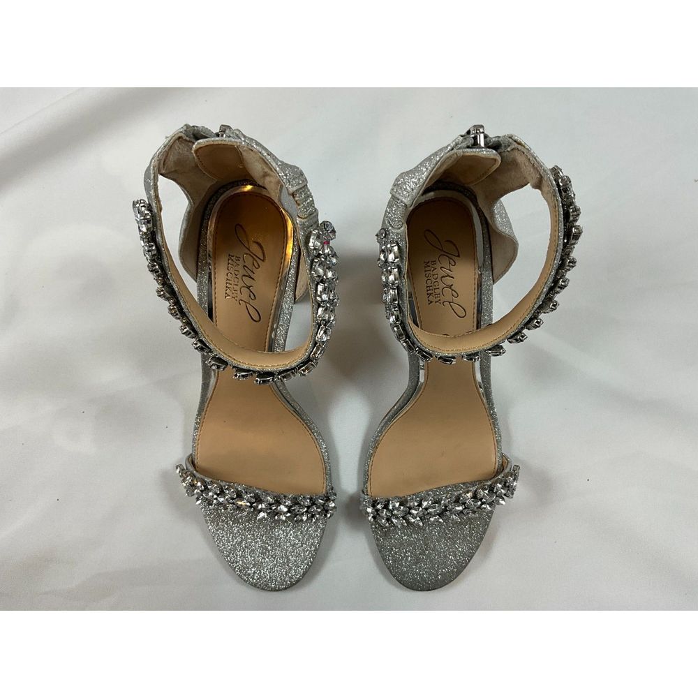 Jewel Badgley Mischka Mayra Ankle Strap Evening Shoe Silver Sz 8 Slightly Used